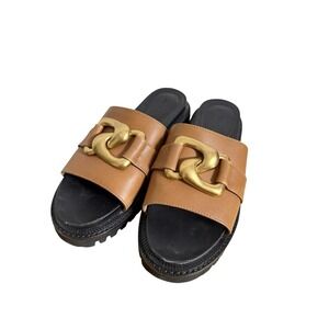 Aerosoles Lima Womens 6.5 PRE-OWNED Brown Leather Buckle Chunky Slides/Sandals